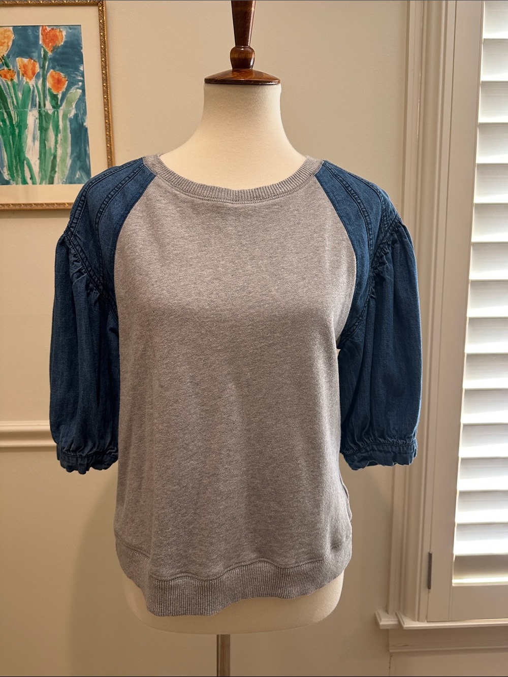 Pilcro Grey Sweatshirt with Denim-Blue Puff Sleeves